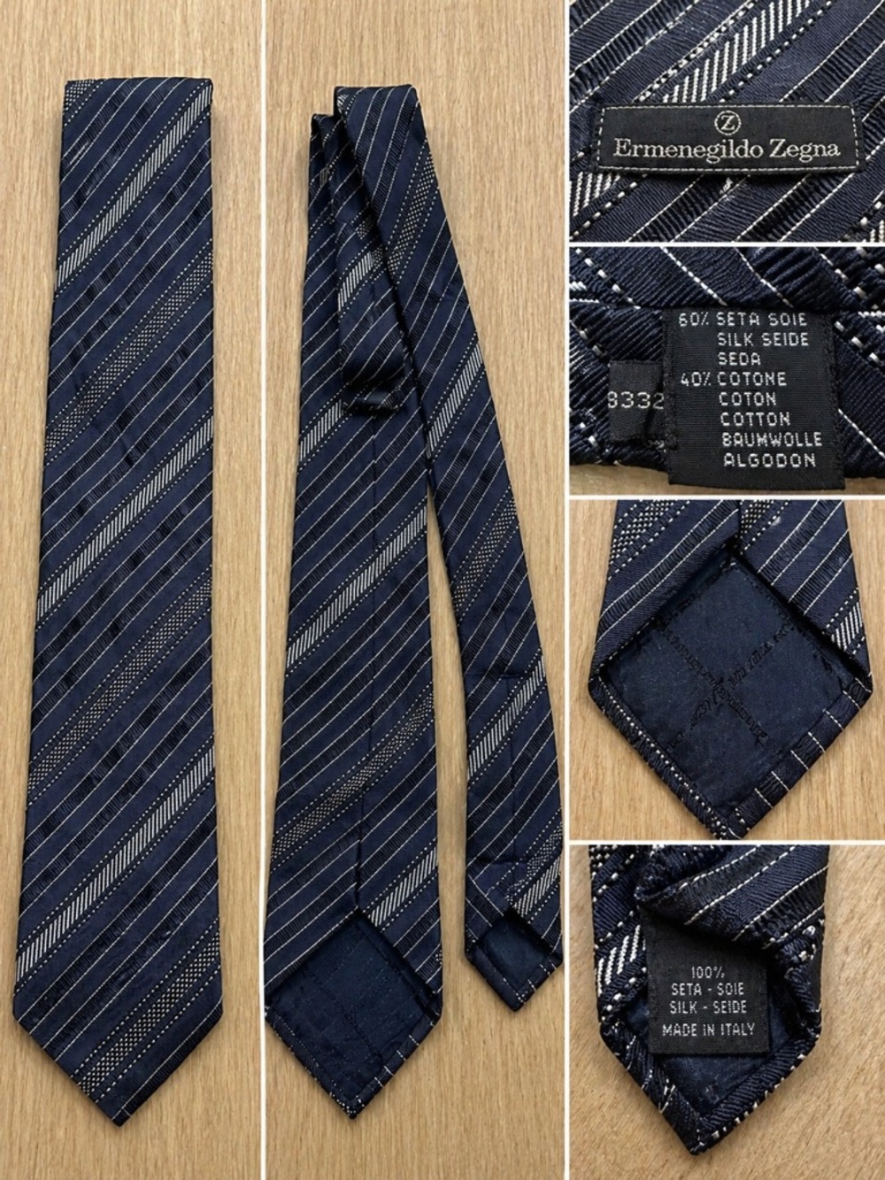 Ermenegildo Zegna Silk Blend Tie Navy Blue Diagonal Striped Made in Italy